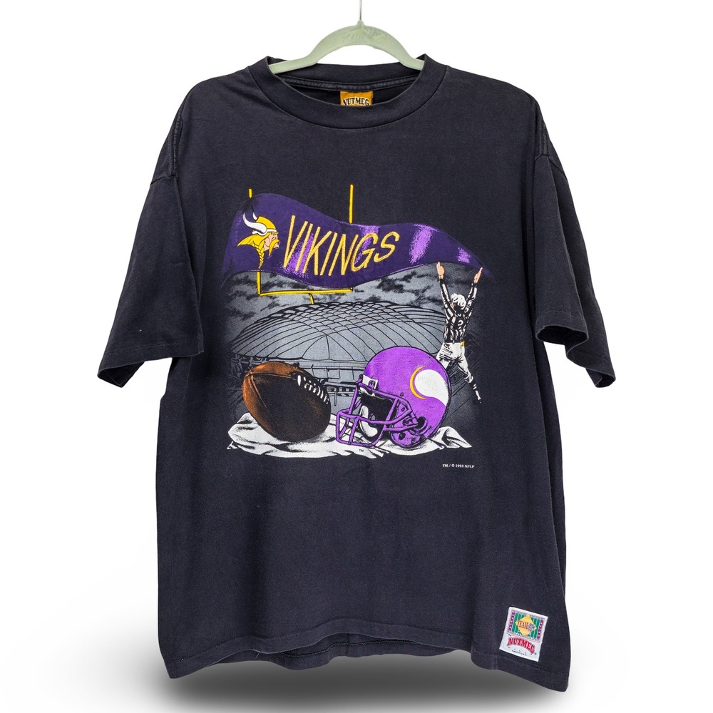 Nutmeg Minnesota Vikings T-Shirt Mens Large Black 1993 NFL Graphic Excellent